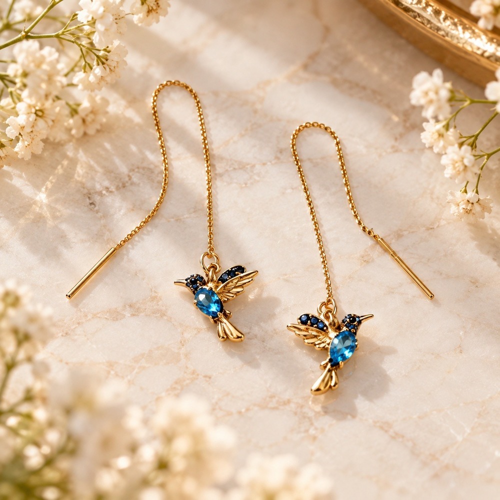 Gold Tone Hummingbird Threader Earrings Blue Crystal Bird Drop Dangle Earrings